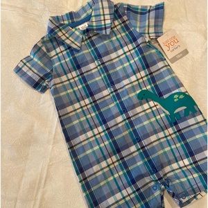 Boys Blue Plaid 1- piece Short Sleeve Dinosaur Suit, 18 mts